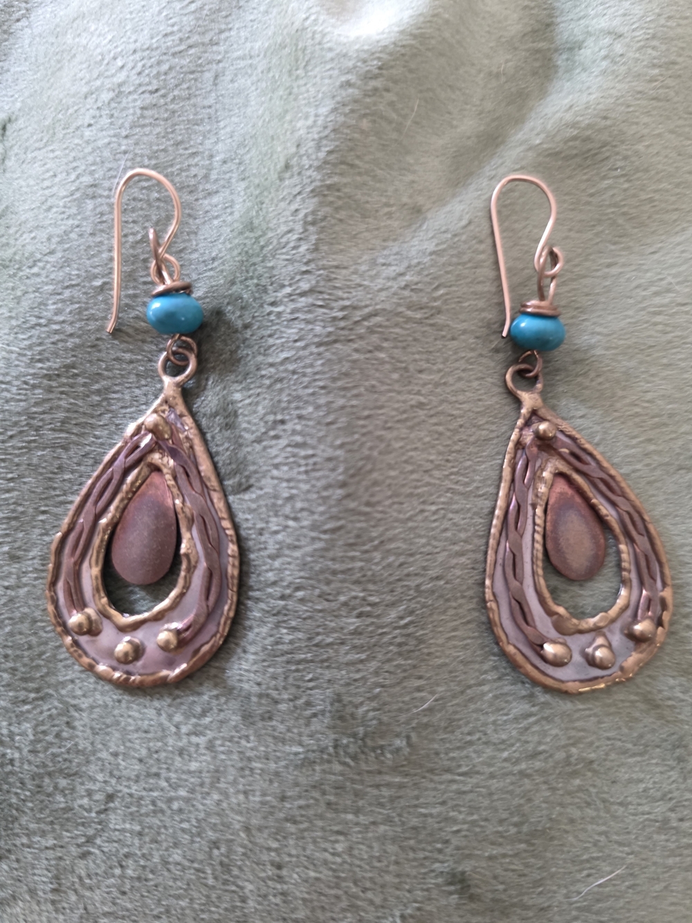Turquoise Accent Teardrop Copper Earrings - Unbranded